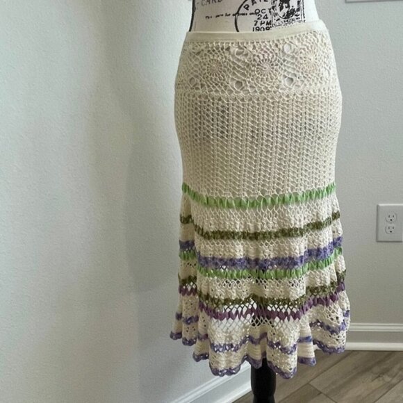 CYNTHIA STEFFE CROCHET SKIRT SZ S BOHEMIAN COTTON TAN LILAC GREEN VERSATILE CHIC - Picture 2 of 16